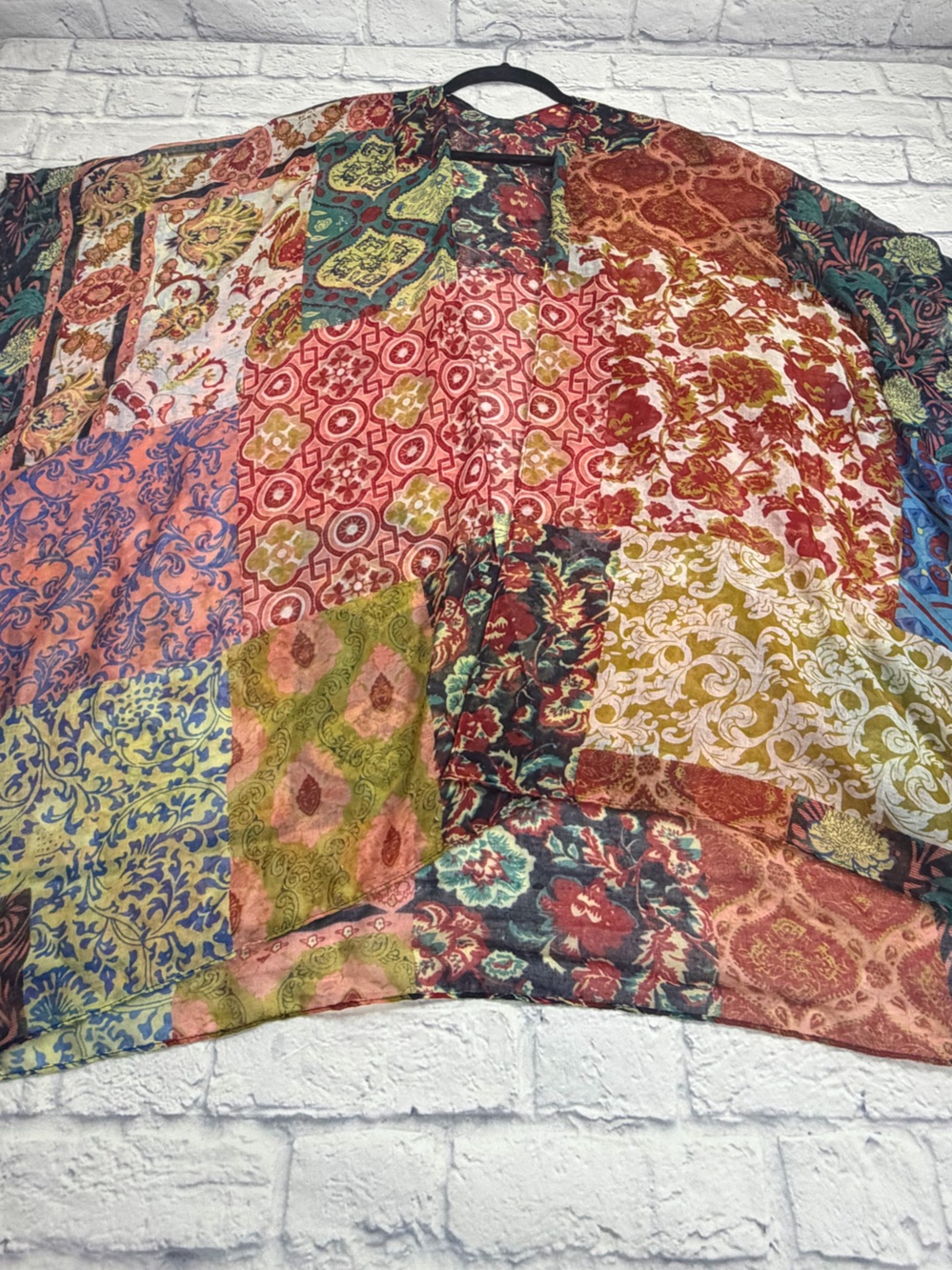 Multi-Color Patchwork Kimono Cardigan - Lightweight Boho Cover-Up. One size. - Picture 3 of 5